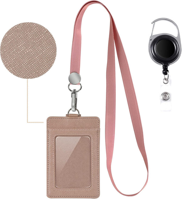 Leather ID Badge Holder Wallet Case with Neck Lanyard/Strap, 3 Card Slots & Retractable Badge Reel (Rose Gold)
