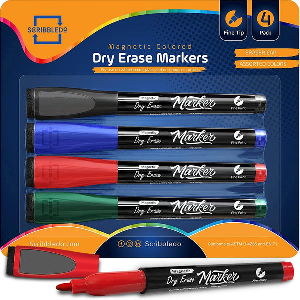 Scribbledo 4 Magnetic Dry Erase Markers, Fine Tip Assorted Classic Colors, Low Odor with Eraser Cap for Whiteboard