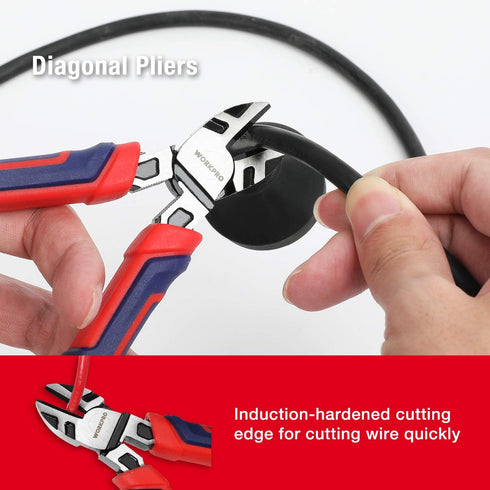 Set, 6 Inch 8 Inch 7 Inch WORKPRO Pliers Premium Cr-V Construction, Includes Slip Joint, Long Nose, Diagonal Cutting