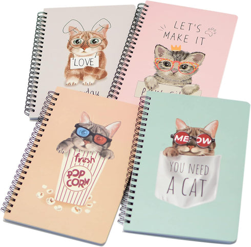 Yansanido Spiral Notebook, 4 Pcs A5 Thick Cat Design, 80 Sheets, 4 Color, 160 Pages Journals for Study