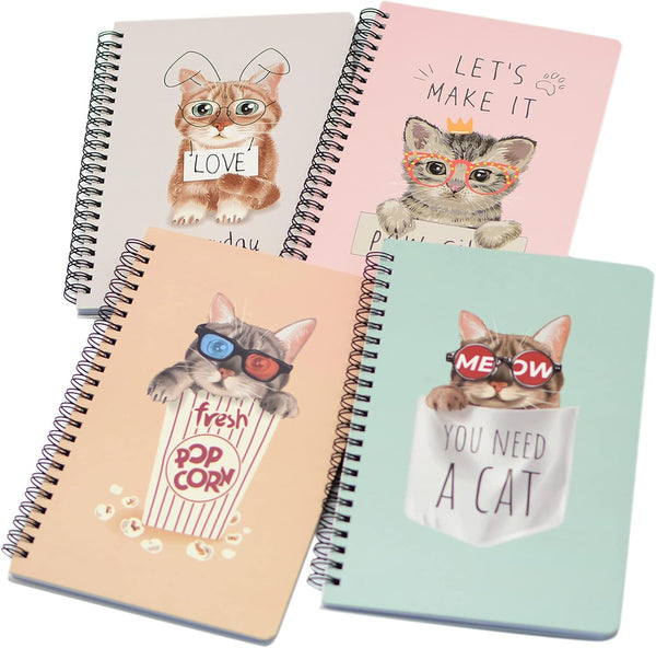 Yansanido Spiral Notebook, 4 Pcs A5 Thick Cat Design, 80 Sheets, 4 Color, 160 Pages Journals for Study