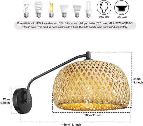 Natural Rattan Wall Sconce, Mini Bamboo Wall Light Fixture, Handmade Boho Rattan Light, Farmhouse Light Fixtures