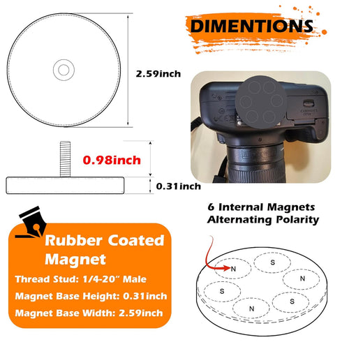 ULIBERMAGNET Neodymium Pot Magnets, Rubber Coated, Magnetic Tripod Head Base with D1/4-20 Male Thread, 2 Pack