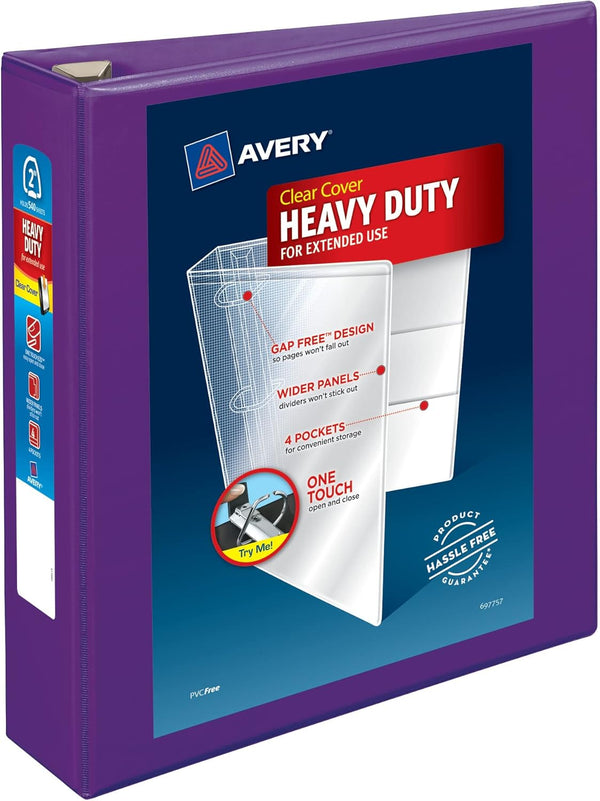 Heavy-Duty View 3 Ring Binder, Avery, 2" One Touch EZD Rings, 1 Purple Binder (79777)