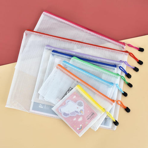 Vuzvuv 34pcs Mesh Zipper Pouch Set - 8 Sizes Plastic Document Pouch with Label Stickers, 8 Colors Waterproof for File,