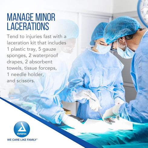 1 Dynarex Minor Laceration Trays with Instruments - Compact & Sterile - Tray, Gauze Sponges, Drape, Needle Holder