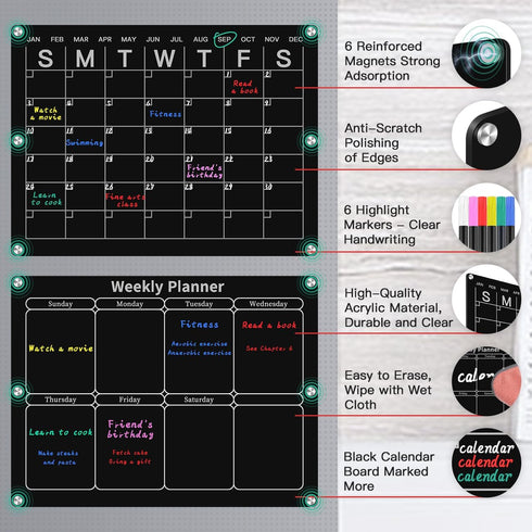 Magnetic Acrylic Monthly and Weekly Calendar for Fridge Black Dry Erase Acrylic Refrigerator Calendar Planning Board Includes 6 Colorful Markers for Acrylic Calendar, Pen Holder, Towel, Hook by B BEAUTYBABY