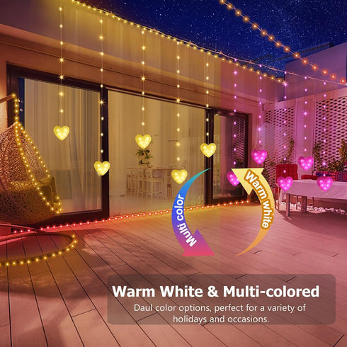 10ft 3.3ft Heart Curtain Lights Battery Operated Valentines Day Decor, x Warm White & Multicolor Twinkle Fairy String
