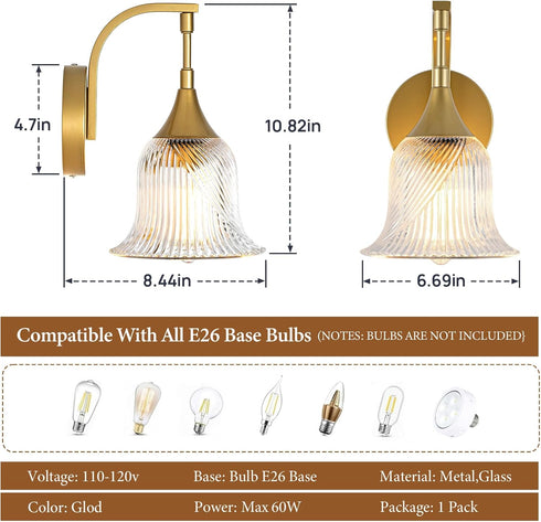 1-Light Hallway(E26) Gold Wall Sconce,Bathroom Sconces Brass Modern Wall Light Fixture with Clear Glass Shade,Indoor