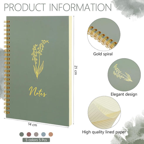 Gueevin 5 Pack Aesthetic Spiral Notebook, A5 College Ruled, 160 Pages/80 Sheets, Cute Notebooks for School Supplies