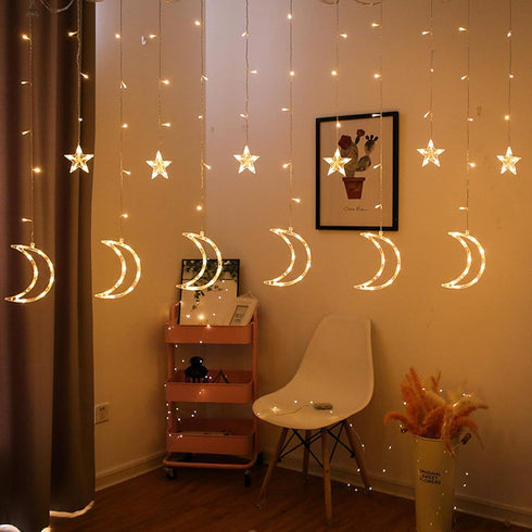 138 8.2ft 3.2ft 8 Dazzle Bright Ramadan Curtain String Lights, LED x Warm White Star Moon Lighting Modes Fairy Lights