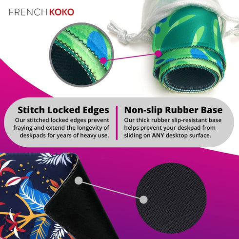 French KOKO Large Mouse Pad - Desk Mat, Keyboard Pad, Extended Protector for Home Office, XL Green Leaves