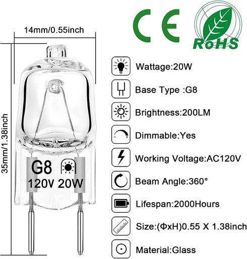 G8 Halogen Bulb 20W 120V Dimmable Xenon (12 Pack) 2Pin T4 JCD Type Warm White 2700K for Under Cabinet Lighting