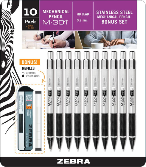 Zebra Pen M-301 Stainless Steel Mechanical Pencil, Premium Metal Barrel, Medium Point 0.7mm, 10-Pack