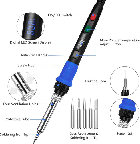 90W LED Digital Soldering Iron Kit with Smart Temperature Control, Auto Sleep, Temp Calibration, 110V, Accurate