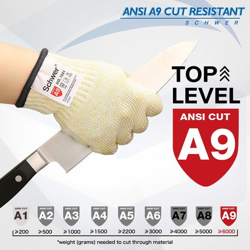 Schwer SlicePro ANSI A9 Cut Resistant Gloves PR1501, Food Grade Reliable Cutting Gloves, Mandoline Gloves for Kitchen Meat Cutting, Oyster Shucking, Fish Fillet Processing, Wood Working (1 Pair, M)