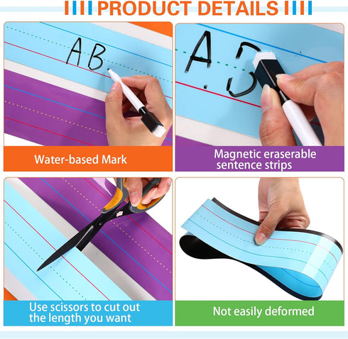 Faccito 12 Pieces Large Magnetic Sentence Strips, 3 x 36 Inch Dry Erase Sentence Strips for Teacher Classroom Supplies