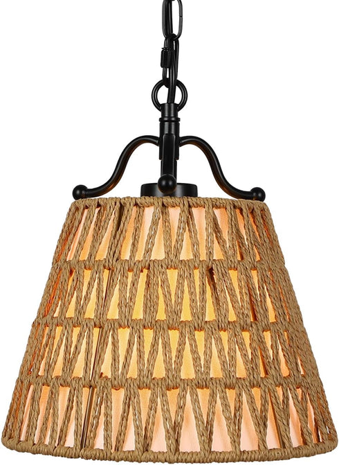 E26 Rattan Pendant Light with Woven Basket Shade, Boho Farmhouse Pendant Light Fixture, Hanging Light with Adjustable