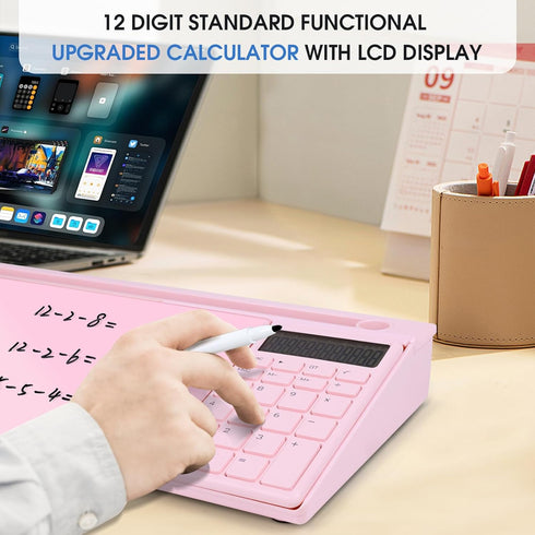Varhomax Glass Desk Whiteboard Pink with Calculator, Desktop Dry Erase Board with Storage for Home and Office