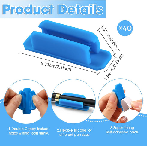 Set 40 VZZNN Adhesive Pen Holders for Desk of - Reusable Silicone Pencil Grips with Strong Sticky Pads, Flexible Pen