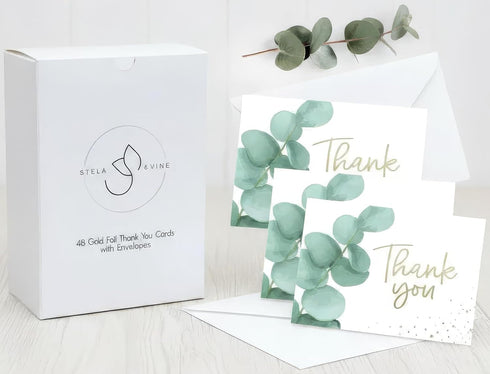 STELA & VINE (48 Pack) 300gsm 4x6 Eucalyptus Thank You Cards with Envelopes - Thick Matte Cardstock - Gold Foil