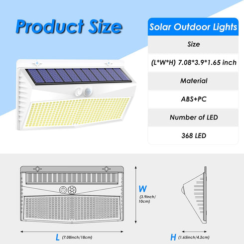 2 Pack 368 3 LED Solar Motion Sensor Lights Outdoor, Solar Fence Lights with Lighting Modes, Solar Powered Security