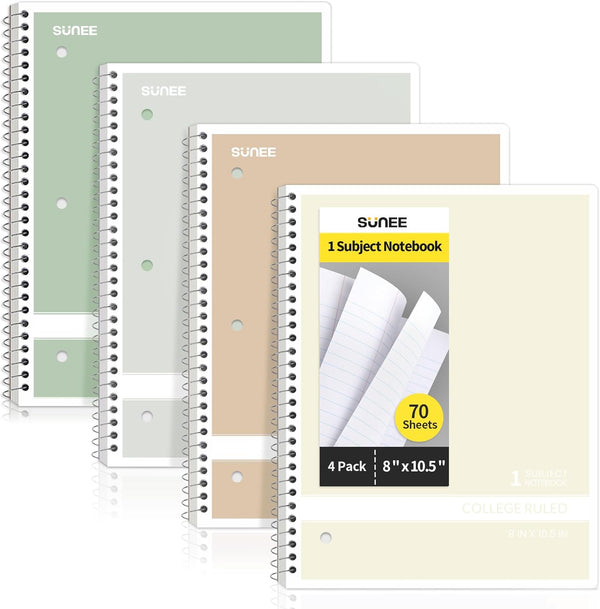 SUNEE 4 Pack Spiral Notebooks, College Ruled, 1-Subject, 8 x 10-1/2 inch, 70 Sheets per Notebook for School