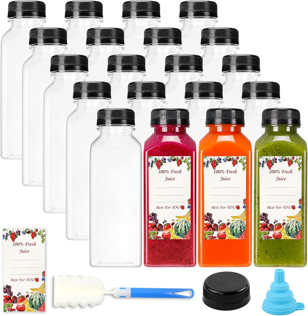 SUPERLELE 20pcs 12oz Plastic Juice Bottles with Caps, Reusable Juicing Bottles, Clear