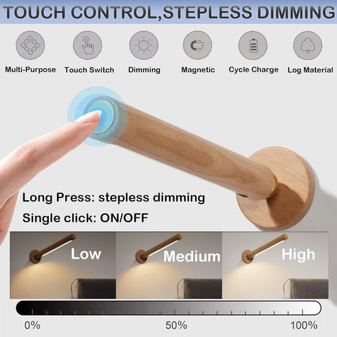 360 Dimmable TUNJINSHOU Rotatable Wooden Led - Magnetic Detachable Stepless Rechargeable Wall Light, Bedroom Living
