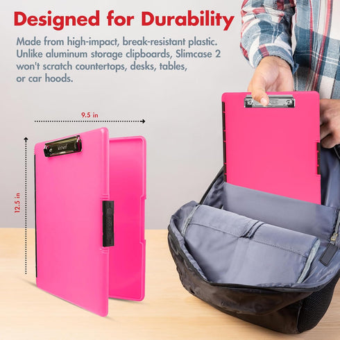 Dexas Slimcase 2 Plastic Clipboard with Storage, Neon Pink, A4 Holder for Office Supplies