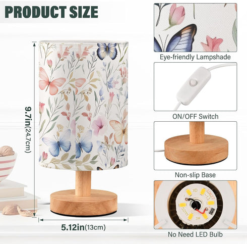 ALAZA Bedside Table Lamp for Bedroom Wildflowers Floral Butterfly Nightstand LED Light Lamps with USB Port Linen Fabric