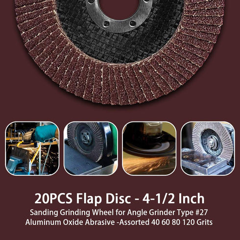 20PCS Flap Disc - 4-1/2 Inch Sanding Grinding Wheel for Angle Grinder, Assorted Grits 40 60 80 120