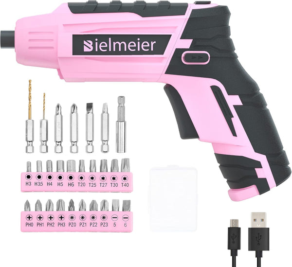 Bielmeier 4V Pink Cordless Screwdriver Set, Mini Electric Drill with 27 Piece Driver Set and USB Charger