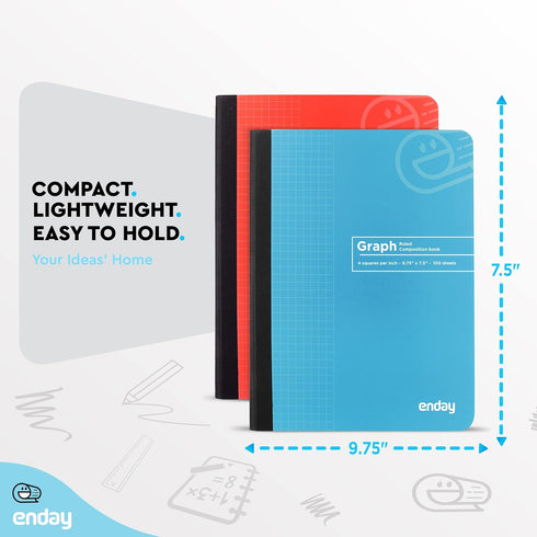 Enday Graph Paper Composition Notebook - Hard Cover, 100 Sheets, Premium Quad Ruled Notebook (6 Pack)