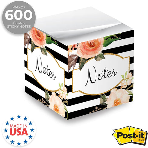 Black and White Floral Sticky Note Cube - 2.75" Memo Block Printed on 4 Sides, Modern Floral Stripe Design, Made in the