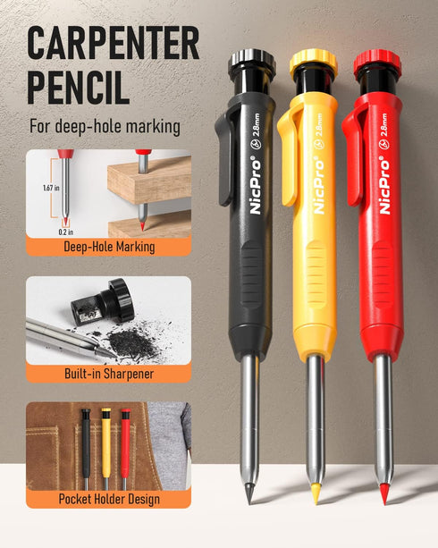 Nicpro 3 Pack Carpenter Pencil with Sharpener & Cap, Mechanical Carpenter Pencils with 39 Refills (Red, Black, Yellow), Deep Hole Marker Construction Heavy Duty Woodworking Pencils - With Case by Nicpro