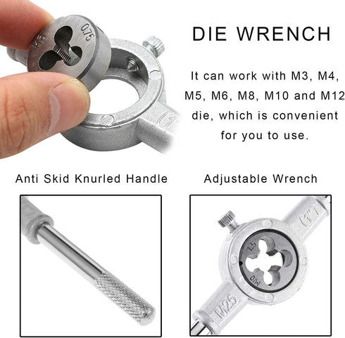 JONMON 8 Pcs Metric Die Set, Screw Die & Adjustable Wrench Holder with M3-M12 Dies for Home DIY, Garage