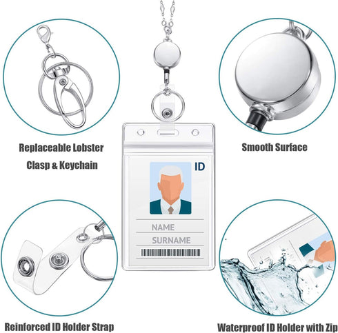 Blulu Retractable Badge Reel Lanyard with 3 ID Holders, Stainless Steel Beaded Chain Necklace