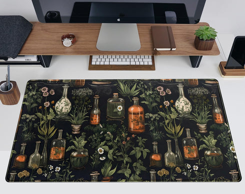 Black Aesthetics Desk Mat Mouse Pad, Large Gaming Mouse Pad, Mystical Green Plant Design, 31.5x11.8 in