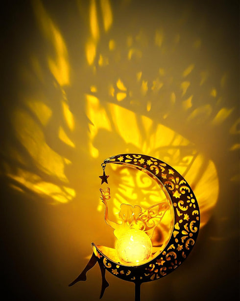 Vuees Solar Garden Statues Outdoor Decor, Fairy Moon Figurine Light Stake, Housewarming Ornament for Patio, Lawn, Yard