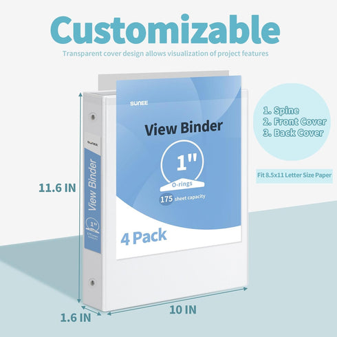 SUNEE 3 Ring Binder (White) - 1 Inch 4 Pack, Clear View Binder Three Ring PVC-Free (Fit 8.5x11 Inches) for School or