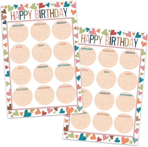 Happy Birthday Chart for Classroom - 2Pcs Boho Birthday Poster Decoration 17’’ x 12’’ Boho Birthday Cake Calendar