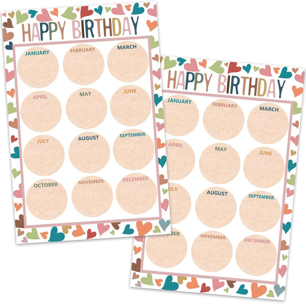 Happy Birthday Chart for Classroom - 2Pcs Boho Birthday Poster Decoration 17’’ x 12’’ Boho Birthday Cake Calendar