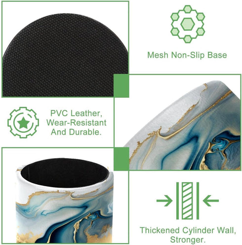 PU Leather Circular Pen Holder, Abstract Blue Gold Marble Desk Organizer with Flannel Lining for Office & Home