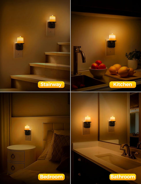 2 Pack, 0-100LM Dimmable, Briignite Flameless Candle Night Lights, Amber Plug-in LED Candle with Light Sensor, Kids