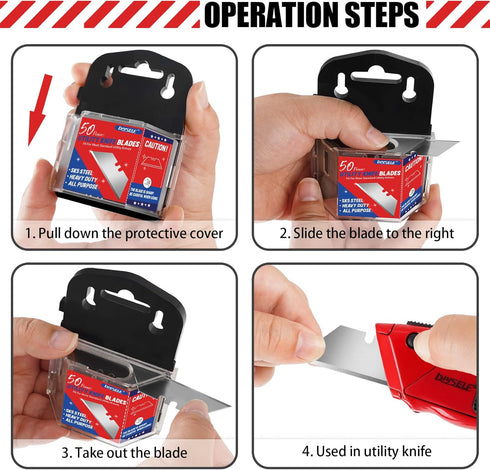 DIYSELF 50 Pack Utility Knife Blades, SK5 Steel Box Cutter Blades with Dispenser for Utility Knife Replacement