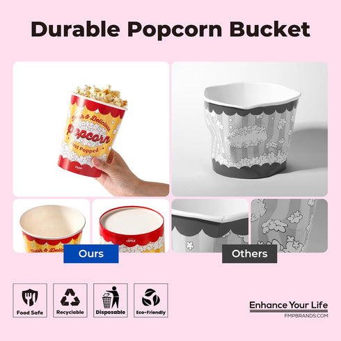 Fit Meal Prep 25 Pack Classic Paper Popcorn Buckets - 32 Oz Disposable Grease Resistant Bowls for Movie Night