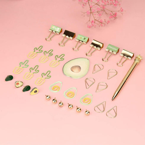 Cute Desk Accessories,This Office Supplies for Women Package Comes with Ballpoint Pens,Paper Clips,Note Paper,Thumbtacks,Binders,and Schools Can Also Use It(Avocado Green)
