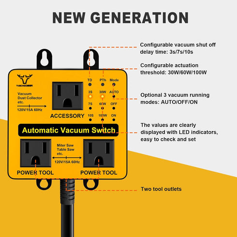 (3/7/10s) (30/60/100W), Upgraded Automatic Vacuum Switch, Autoswitch for Dust Collector, Customizable Delay for Shop