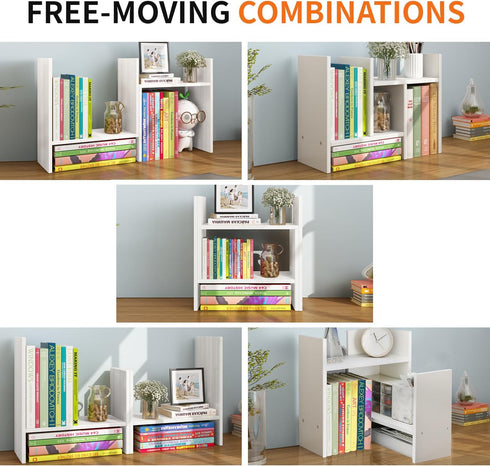 5-Shelf JLD Wood Adjustable Desktop Bookshelf, Expandable Office Storage Rack, White